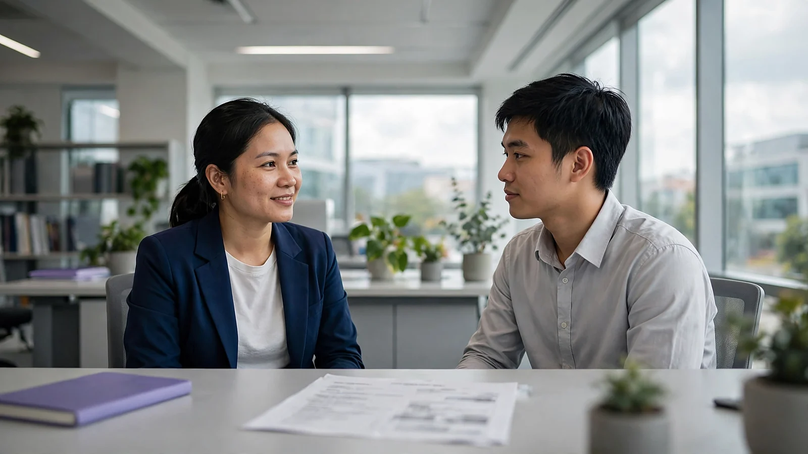Nữ chuyên viên tuyển dụng trò chuyện với ứng viên nam trong buổi phỏng vấn tại văn phòng công ty